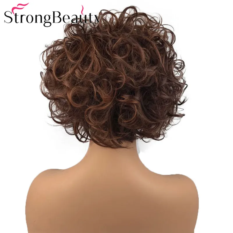 StrongBeauty 짧은 곱슬 가발 여성용 합성 가발 레드 브라운 가발 앞머리 포함 8인치
