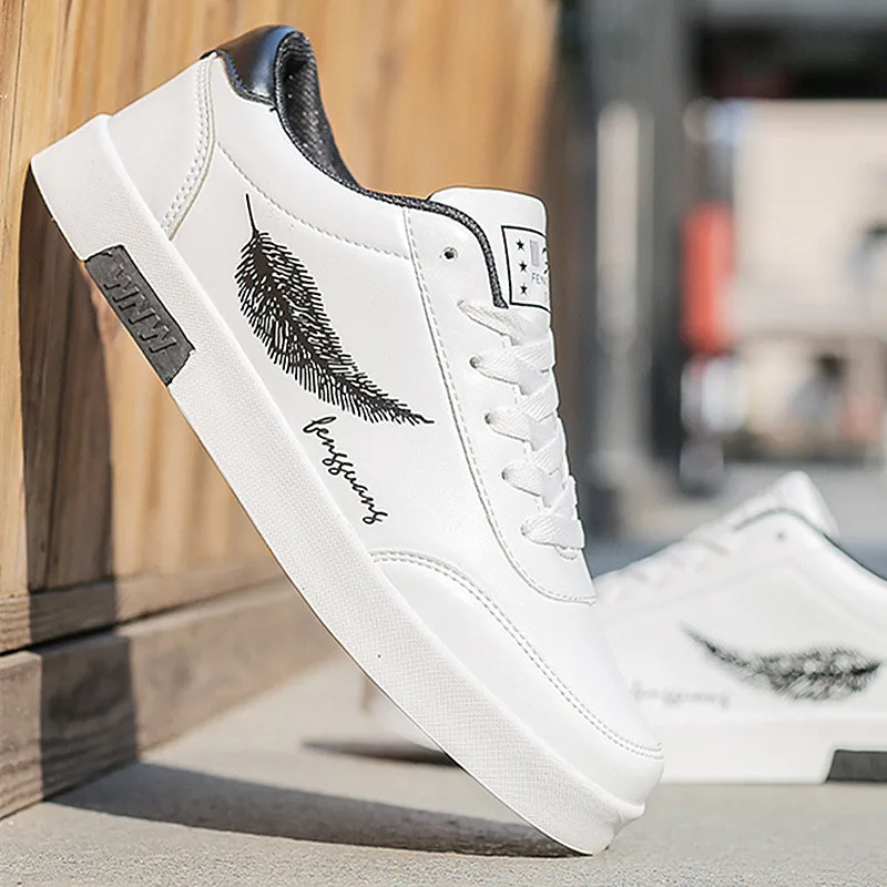 

2019 Men Casual Sports Shoes Summer White PU Leather Shoes Outdoor Sneakers 3D Printing Lace Up Flat Male Shoes Drop Shipping