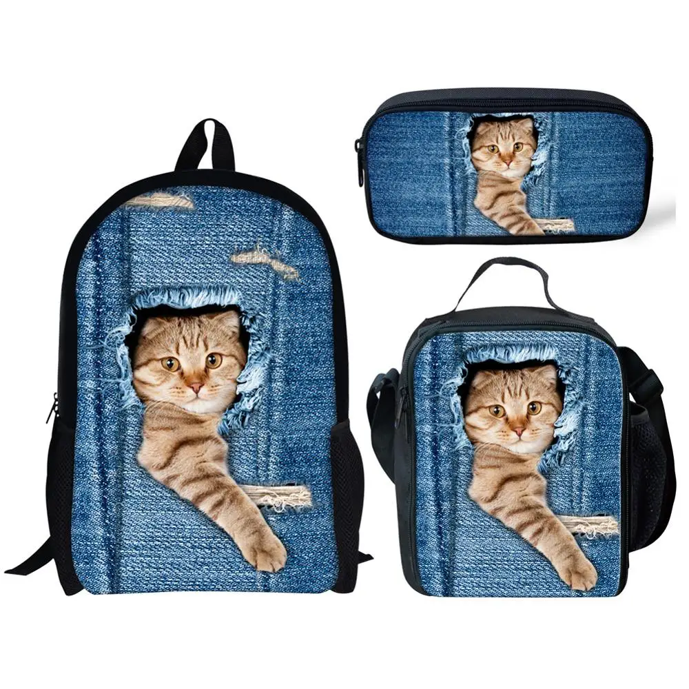 Jackherelook Cute Pocket Blue Denim Cat/Kitten Print 3PCS Set Schoolbags for Kids Boys Girls Casual Satchel Orthopedic Backpacks Jackherelook Cute Pocket Blue Denim Cat/Kitten Print 3PCS Set Schoolbags for Kids Boys Girls Casual Satchel Orthopedic Backpacks