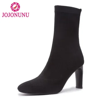 

FITWEE New Women Half Short Stretch Boots Genuine Leather Winter Shoes For Women Fashion Zipper Warm Sexy High Heels Boots