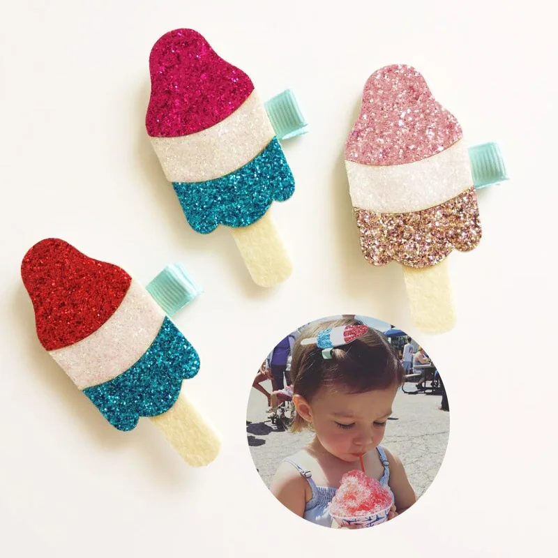 3pc/lot Glitter Summer Ice Cream Hair Clip Glitter Pink Ice-lolly Barrette Dessert Frozen Sucker Grips Ice-sucker Food Hairpin