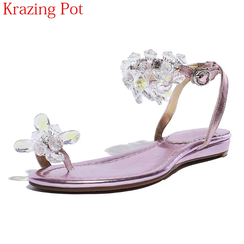 

2018 New Genuine Leather Flip Flop Flat with Diamond Beading Ankle Strap Rhinestone Elegant Crystal Gladiator Women Sandals L26