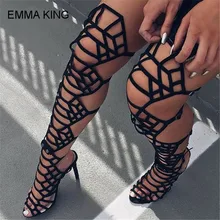 EMMA KING/женские летние сапоги выше колена; Лидер продаж; пикантные дышащие женские босоножки с острым носком на высоком каблуке с пряжкой для ночного клуба