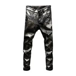 2017 хип-хоп мужские кожаные штаны Искусственная Кожа PU Материал принт мотоцикл Тощий Искусственная кожа Повседневные штаны