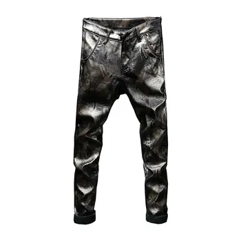 

2017 Hip Hop Mens Leather Pants Faux Leather PU Material Print Motorcycle Skinny Faux Leather Casual Pant