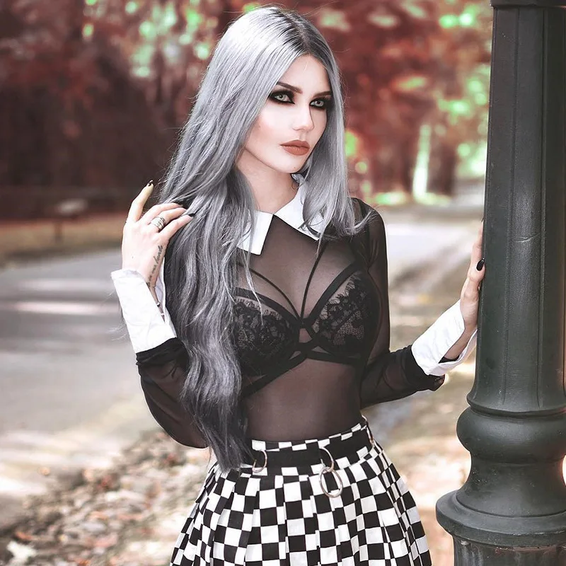 

Mesh bodysuit women long sleeve sexy hollow out jumpsuit turn down collar slit sleeve harajuku catsuit gothic female bodysuit