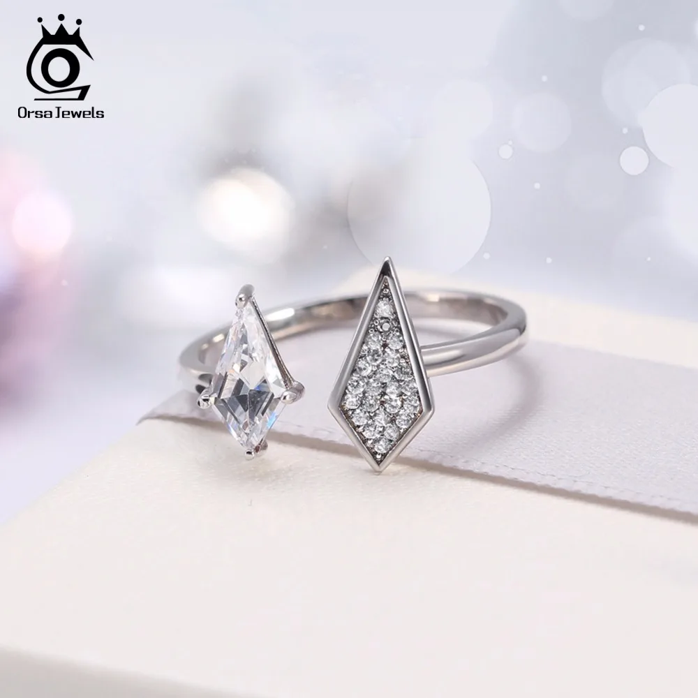ORSA JEWELS Trendy Rings For Women Geometric Prong Setting AAA Cubic Zircon Silver Color Female Party Rings Jewelry AOR72