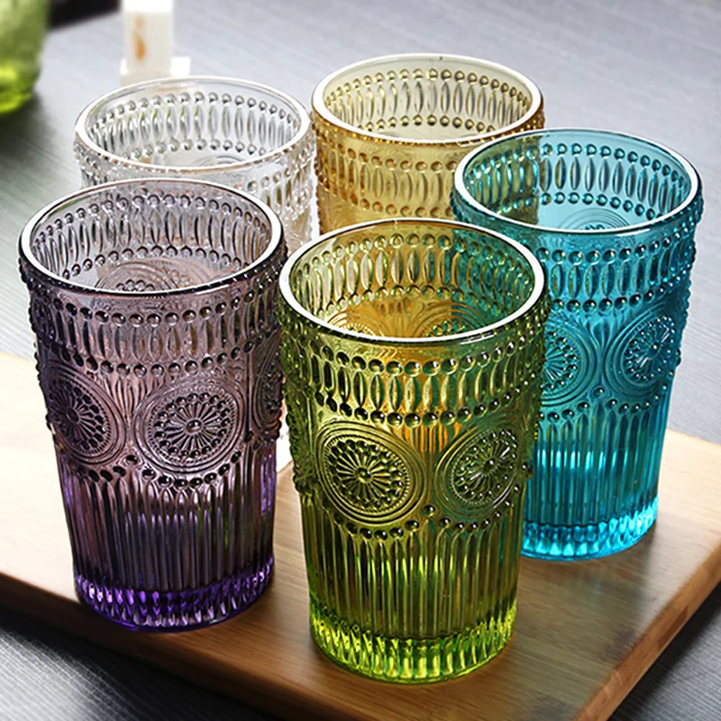 Colorful Class Cups European Style Beer Mug Glass 350ml Large Classic Class Juice Water Cup Embossed Sunflower Glassware Gift (13)