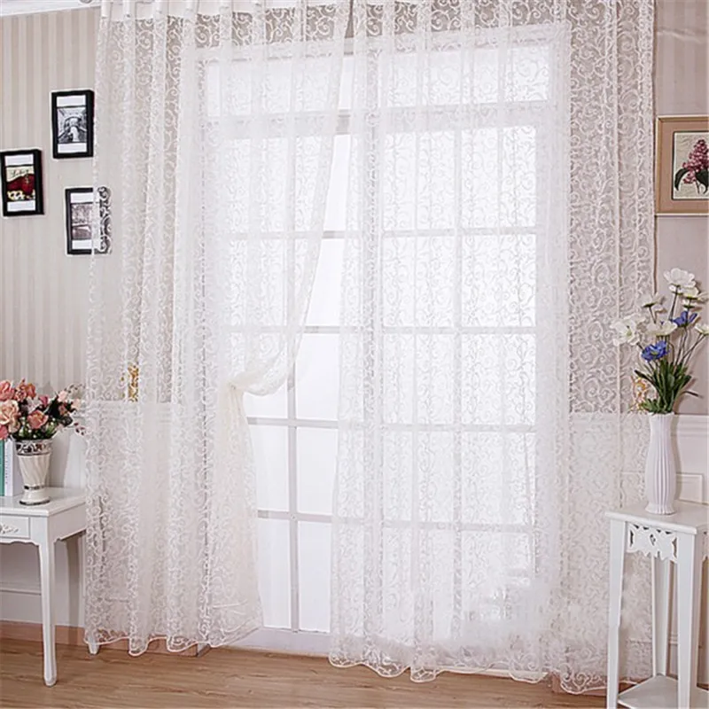 Romantic Floral Tulle Voile Curtain Drape Panel Sheer Scarf Valances White L&6 