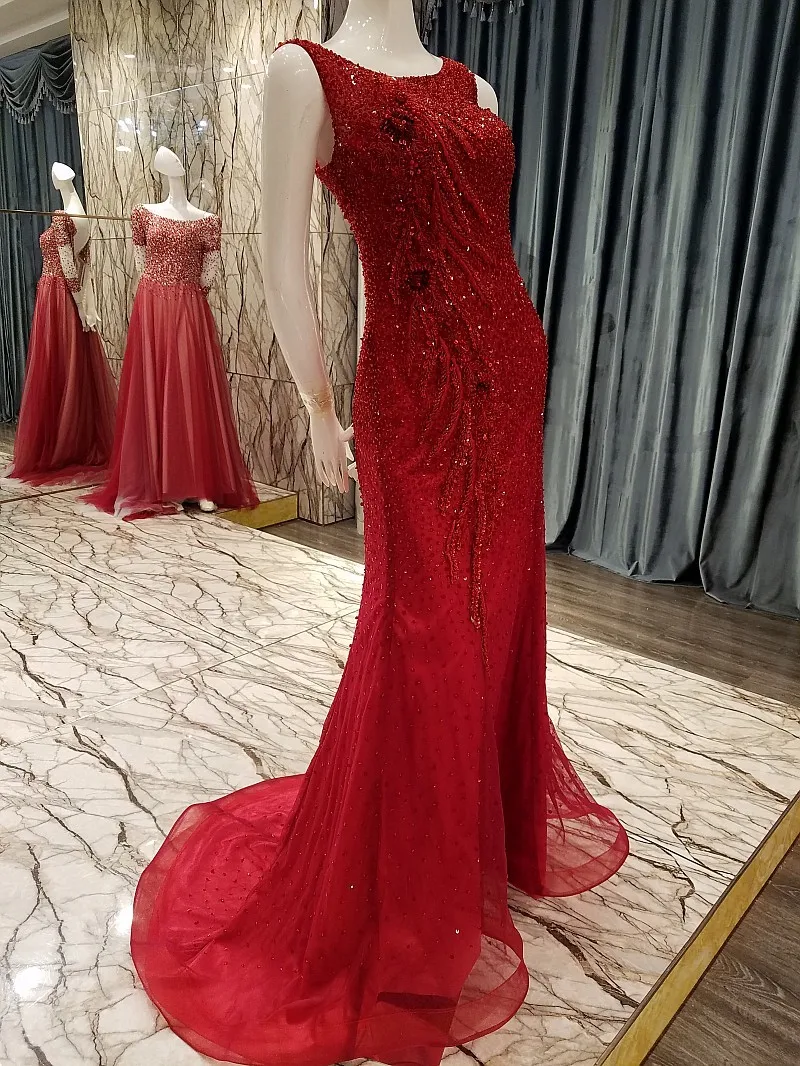 Luxury red party dresses lace up back mermaid beading crystals bling