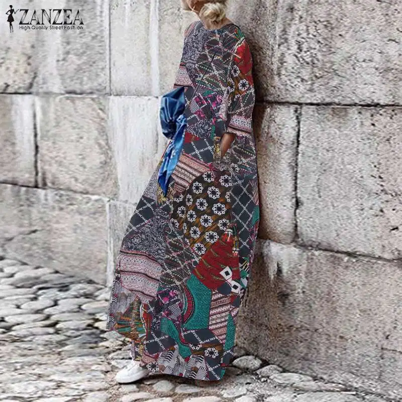 المرأة الزهور فستان الشمس 2019 ZANZEA قفطان المطبوعة ماكسي اللباس طويلة الأكمام الصيف Vestidos الإناث عارضة تونك رداء المتضخم 5XL