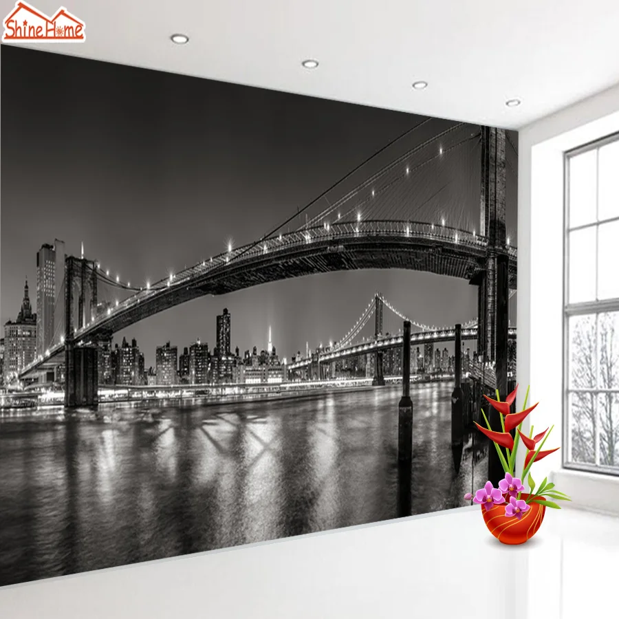 ShineHome New York Bridge черно белые ночные городские обои 3d стереоскопические для стен