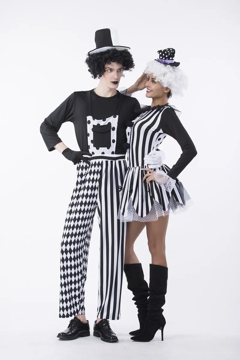 Черный и белый пара цирк костюм клоуна, индивидуальный заказ, мужские никто не дурака костюм, Для женщин коварный игривый Шут костюм для красотки клоуны униформы