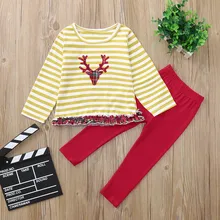 Для детей ясельного возраста детская одежда для девочек, модный Рождественский костюм с длинными рукавами и изображением героев из мультфильмов в полоску Топ и штаны комплекты для девочек детская одежда для девочек