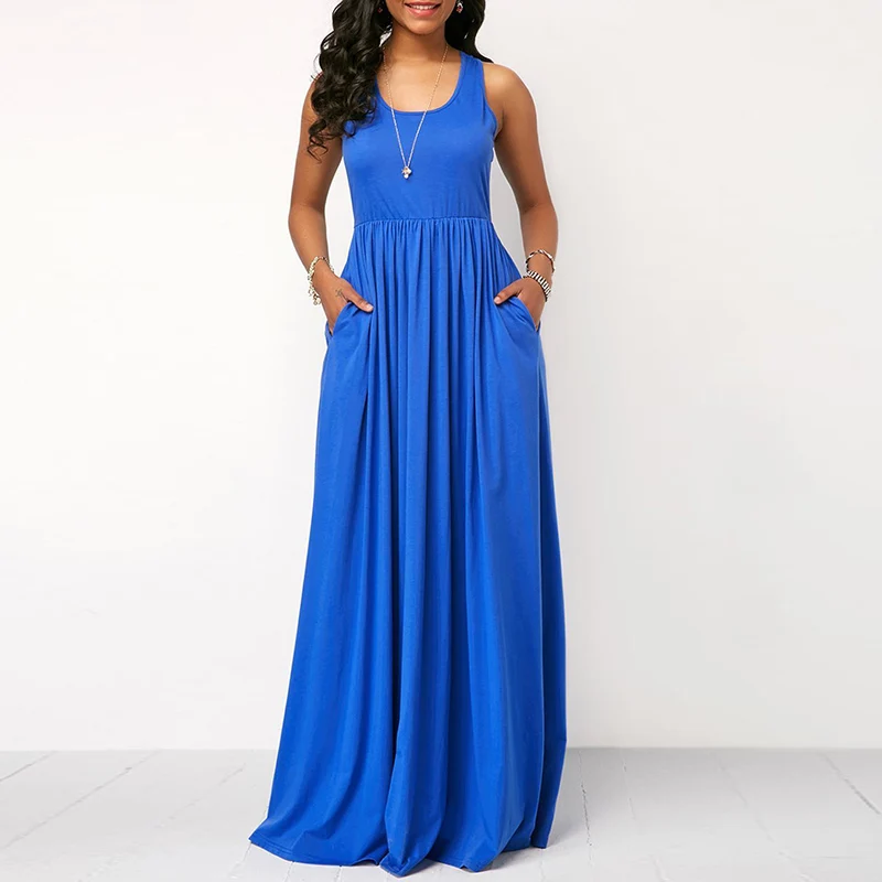 Popular New Womens Sleeveless Solid Crew Neck Pockets Maxi Vest Dress Ladies Summer Casual Holiday Beach Sundress Four Color