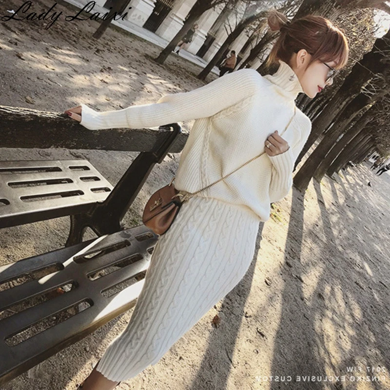 

2019 Autumn winter Twist Knitted 2 Piece Set Skirt Suit Women Long Sleeve Turtleneck Pullover Sweater + Split Pencil Skirt Set