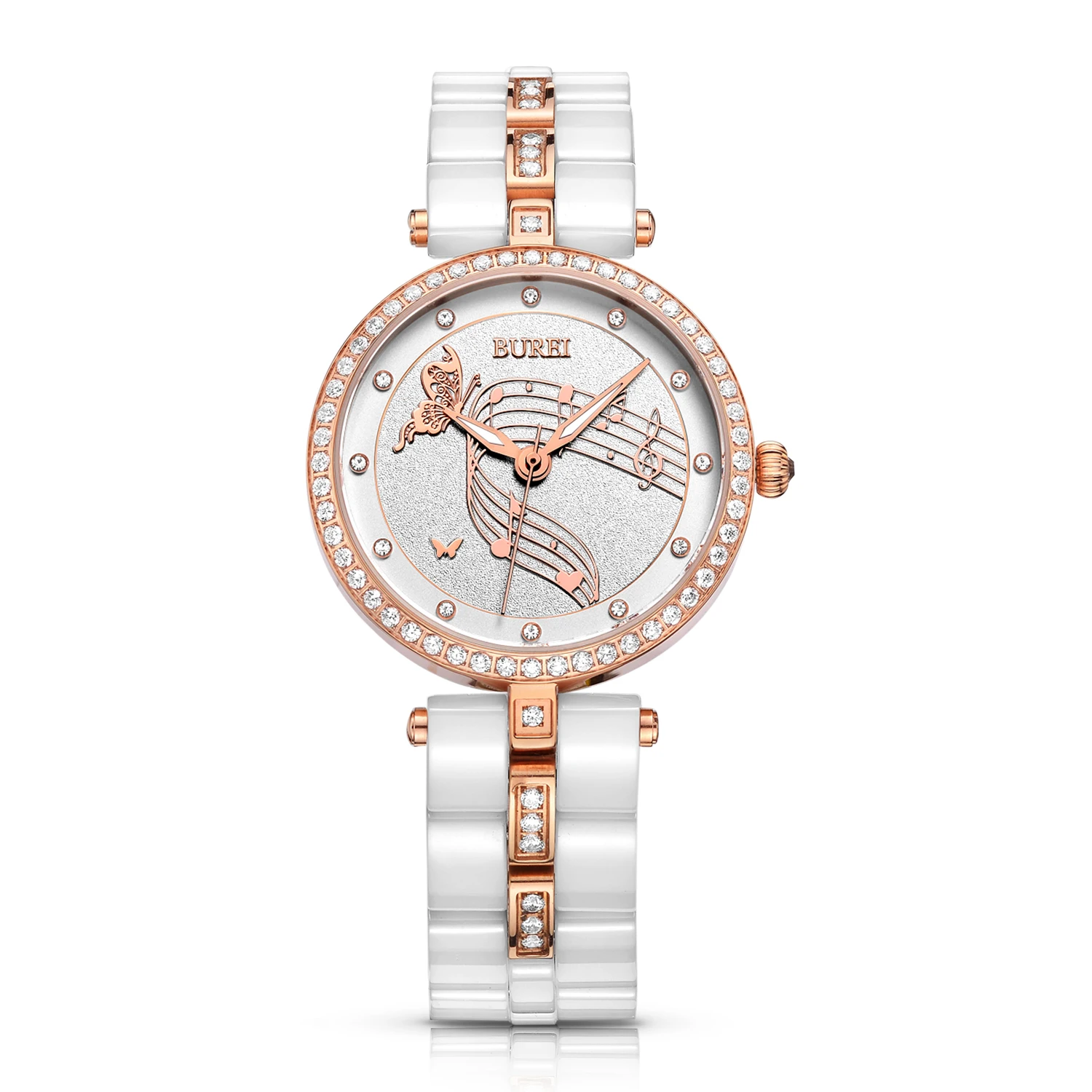 

BUREI 3029 Switzerland watch women J12 series Women's "Elegant" Crystal-Accented White Ceramic Watch with Rose Gold Hands