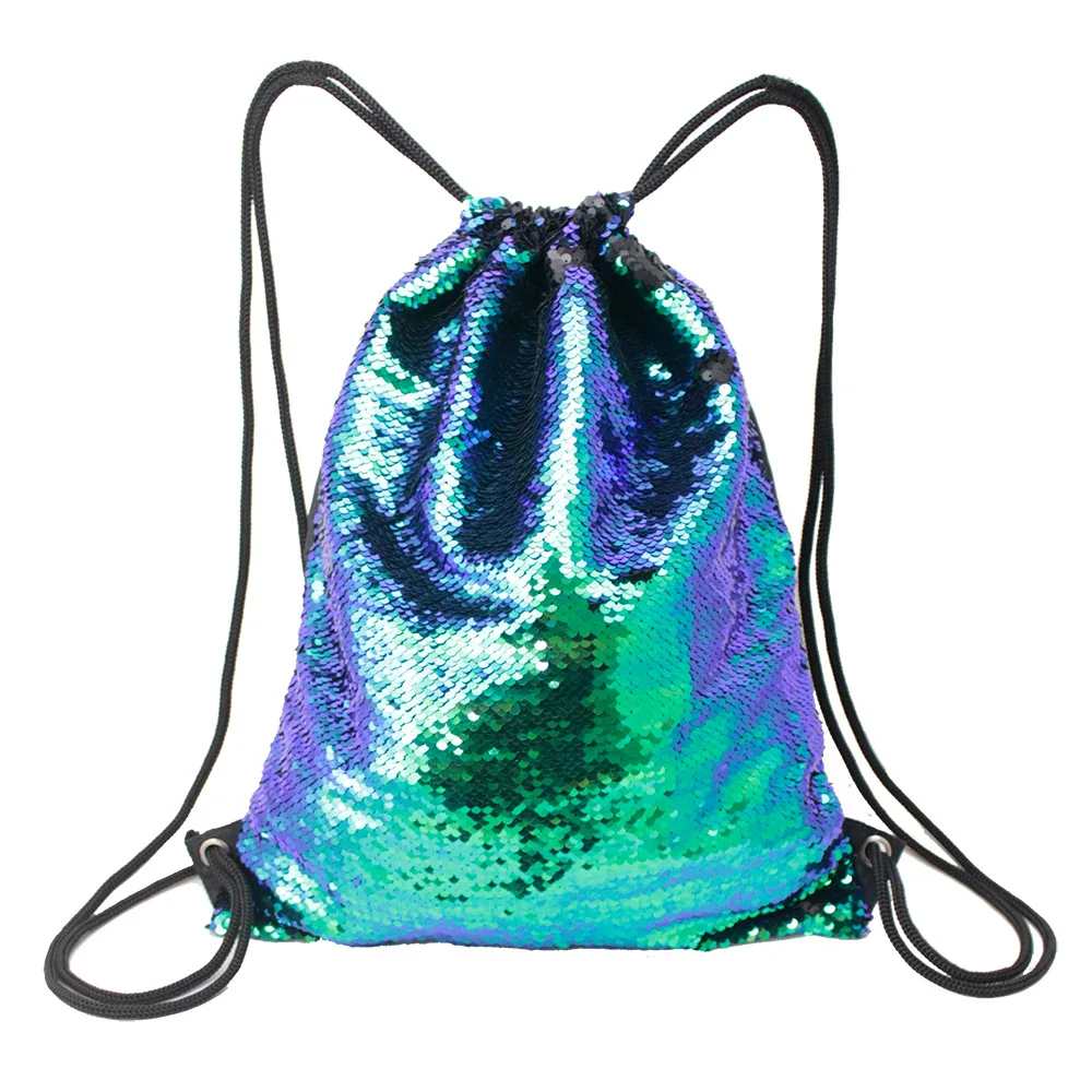 

2018 New Fashion Blue Purple Sequins Ladies Sparkling Drawstring Bag Personality Shaped Shoulder Bags Girl Travel Backpack Bag