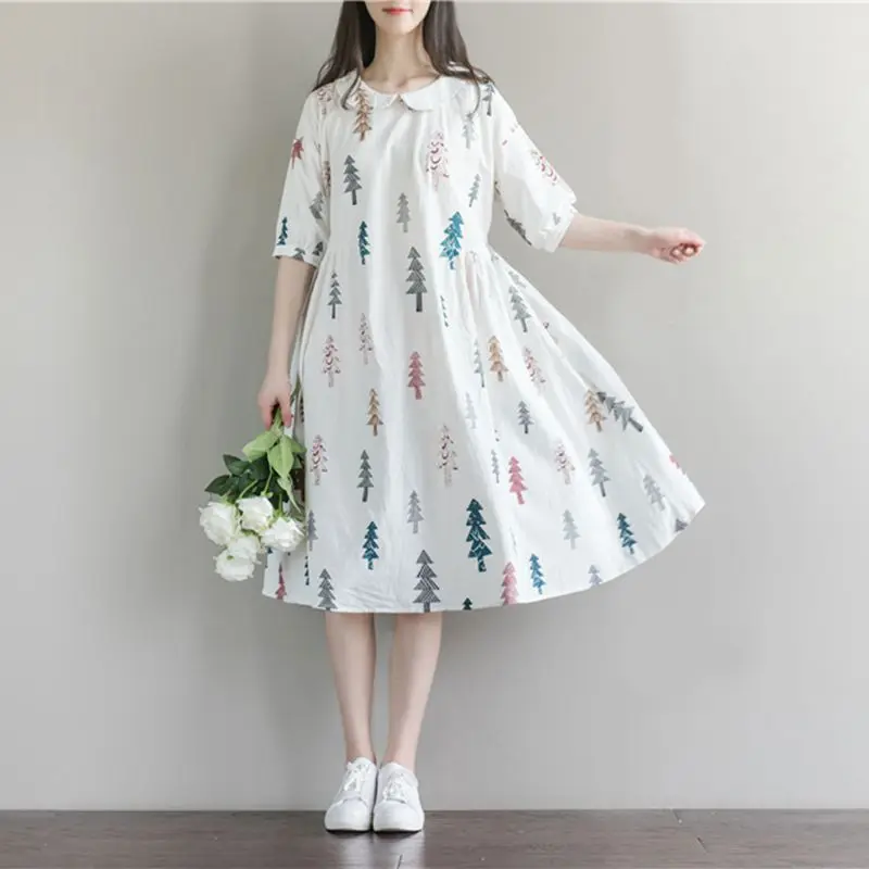 

Maternity Clothes New Arrival Dresses for Pregnant Women Fashion Doll Collar Print Cotton Linen Losse Casual Pregnancy Dress