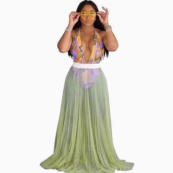 

Summer New Mesh Perspective Half-length Pleated Skirt Solid Color Pleated Long Skirt