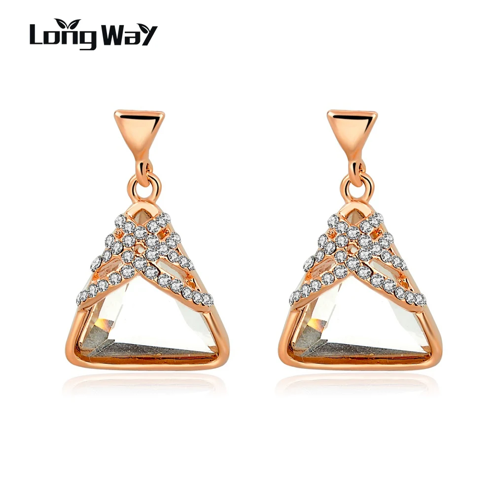 LongWay Brand New Triangle Dangle Earrings Austrian Crystal Rose Gold