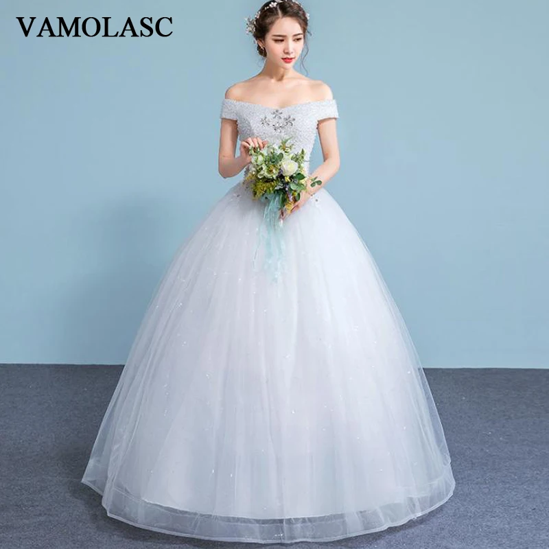 

VAMOLASC Crystal Boat Neck Lace Appliques Ball Gown Wedding Dresses Sequined Off The Shoulder Backless Bridal Gowns