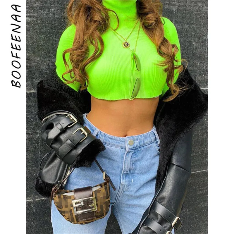 

BOOFEENAA High Neck Long Sleeve Knitted Sexy T Shirt Crop Top Neon Green Hot Pink Full Sleeves Tops for Women Streetwear C94-H01