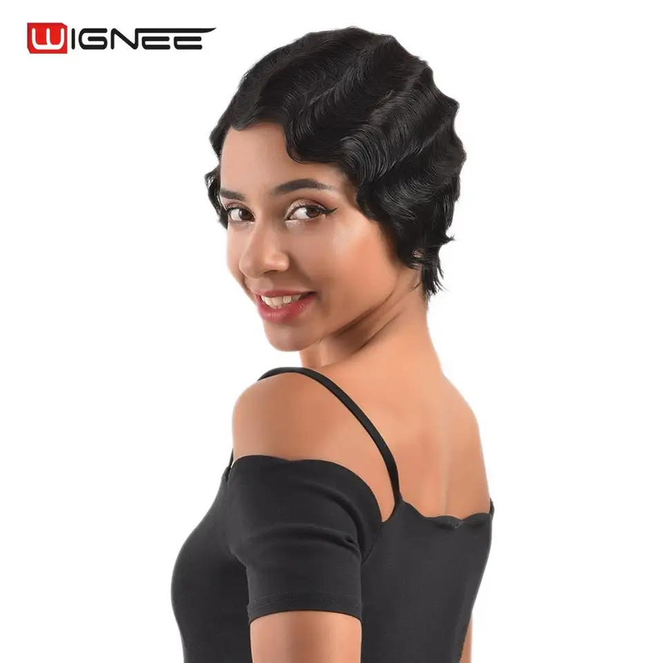 Wignee Finger Wave Short Human Hair Wig For Black White Women High