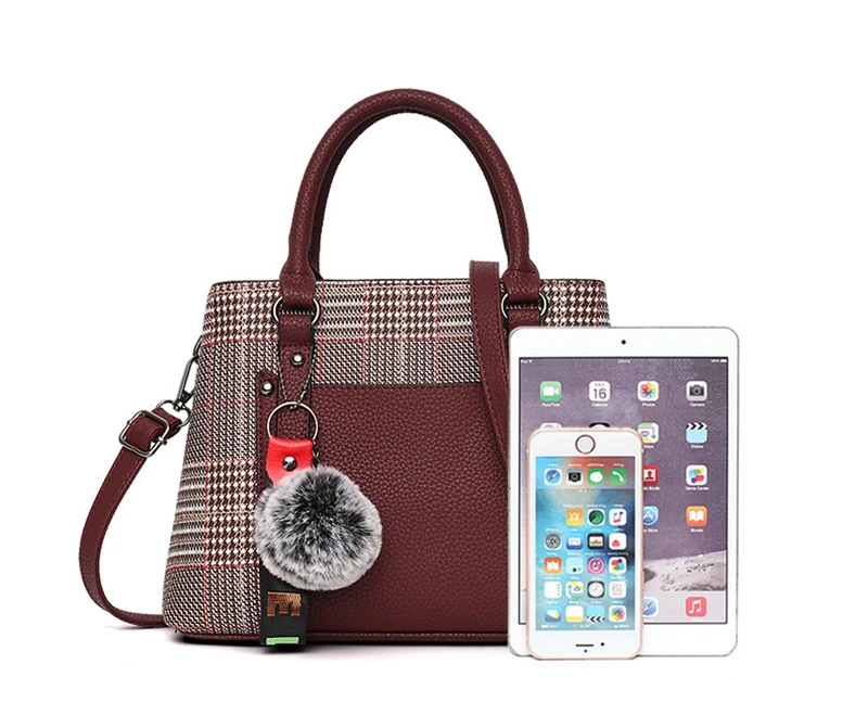 Women Leather Lattice Handbag Female Hairball Crossbody Shoulder Bags Lady Fashion Messenger Tote Top-Handle Purse Sac SS7256 (10)