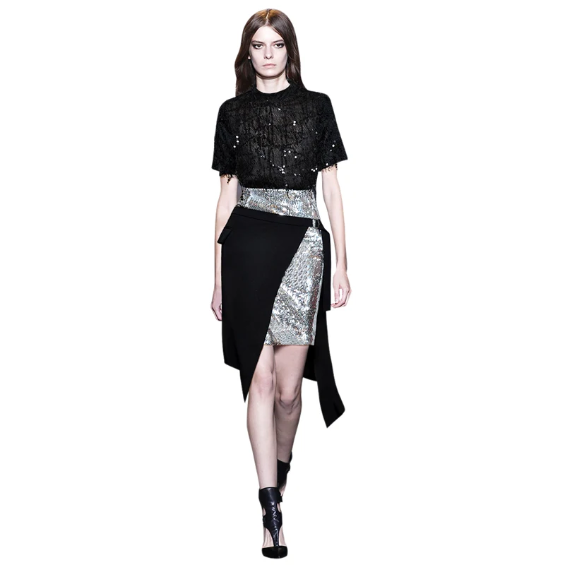 two pieces women outfit sets runway clothing short sleeves tassel blouse black sequin top + shiny clothes sequin bling skirt
