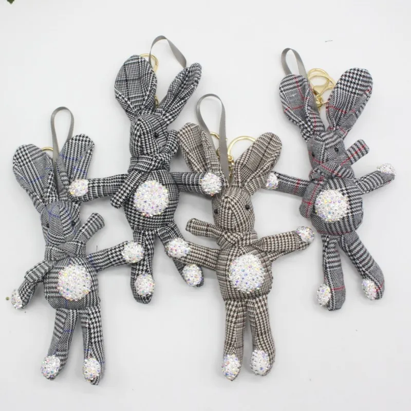 Cute Long Ear Diamond Bunny Rabbit Dolls Fashion Cartoon Plaid Keychain Toys Key Bag Pendant Dolls 5pcslot  (8)