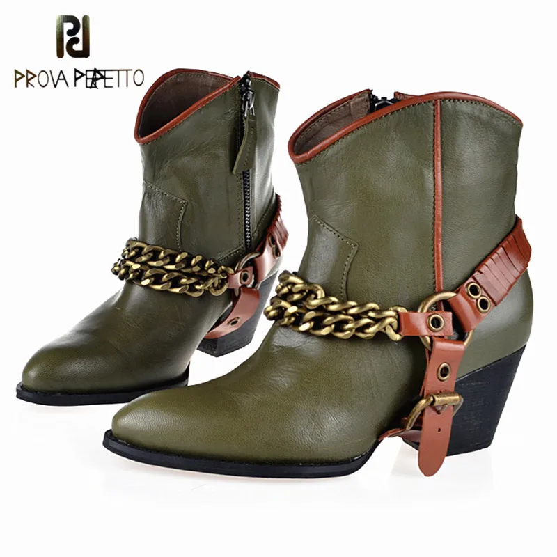 

Prova Perfetto Original Brand Mid Heel Pointed Toe Thick Heel Short Boots Belt Buckle with Chain Cow Leather Martin Boots Retro