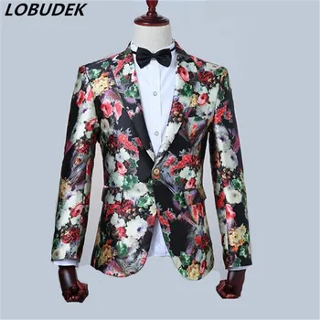 

High grade male jacket blazer fashion flower printing tide men coat outfit host singer stage costume show party prom performance