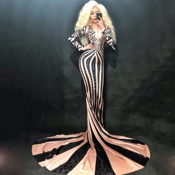 

Sparkly Black Sequins Long Train Dress Women Costume Prom Birthday Celebrate Dresses Stretch Sexy Nightclub Evening Wear DN2246