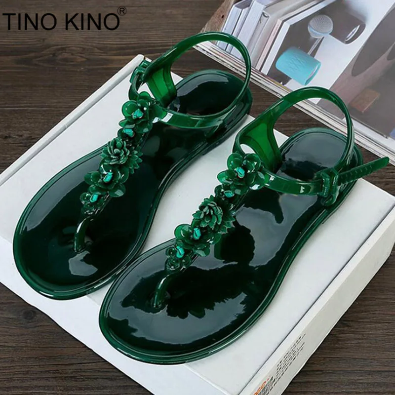 

TINO KINO Women Jelly Shoes Buckle Summer Sandals Female Flat Clip Toe Sandals Flower Rubber T Strap Flip Flops Beach Shoes