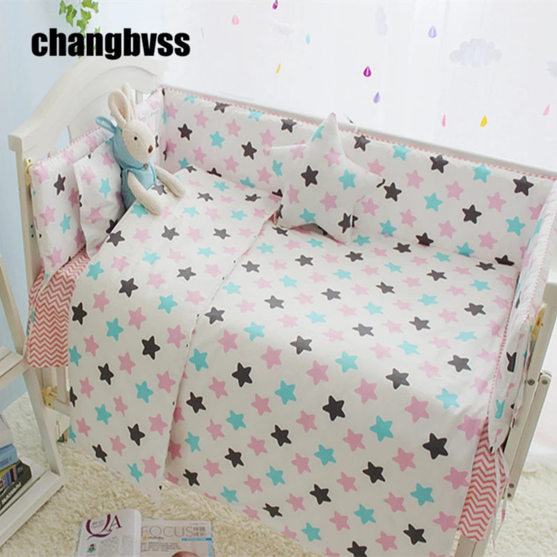 7pcs pink baby crib bedding set for girls cartoon bird newborn baby star crib sheet