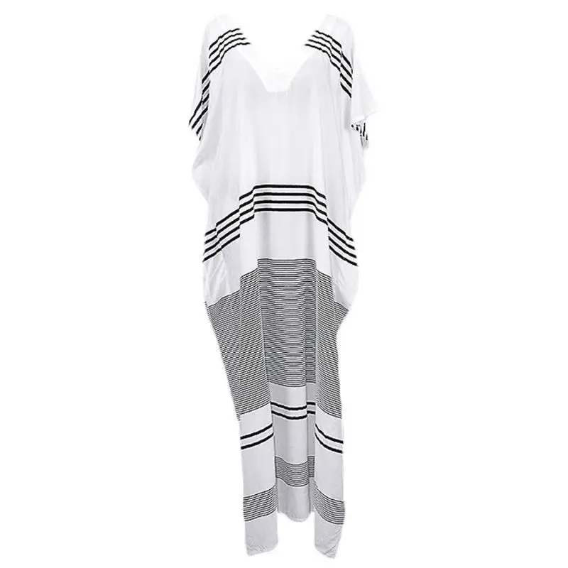 

Women Summer Half Batwing Sleeves Bikini Cover Up Deep V-Neck Cross Stripes Printed Blouse Maxi Dress Color Block Sundress