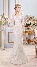 Vestido De Noiva V-neck Elegant Three Quarter Lace Keyhole Back Mermaid Wedding Dress Detachable Train NM 554