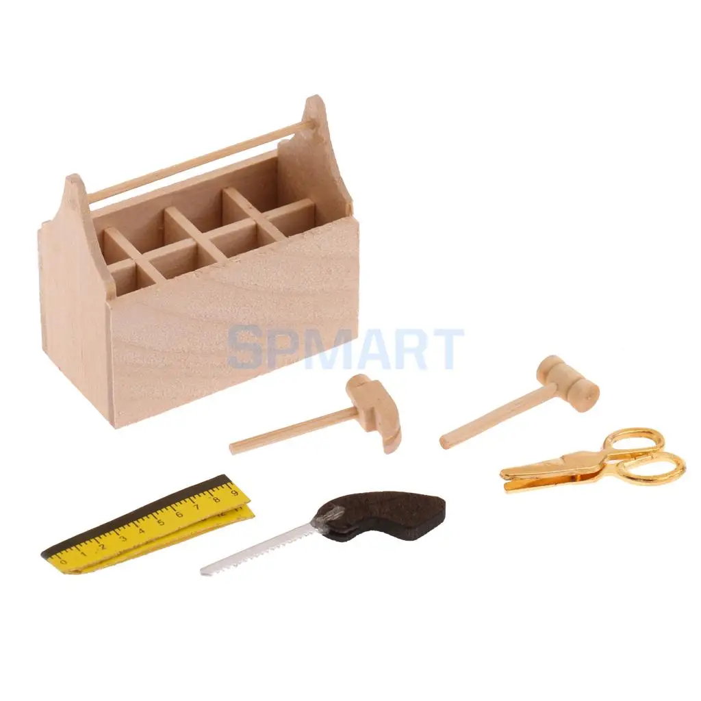 1:12 Dolls House Wooden Toolkit Toolbox Furniture Set for Dollhouse Furniture Decor Accs - Scissors Hammer Sawtooth Box
