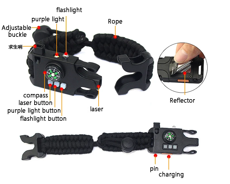 Многофункциональный браслет SOS Открытый выживания путешествия аварийный зонтик веревка компас флэш-светильник Плетеный лазерный браслет