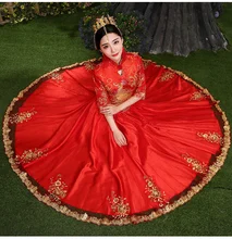 Evening dress bride married show clothing red chinese style wedding formal dress three quarter and Full sleeve robe de mariee
