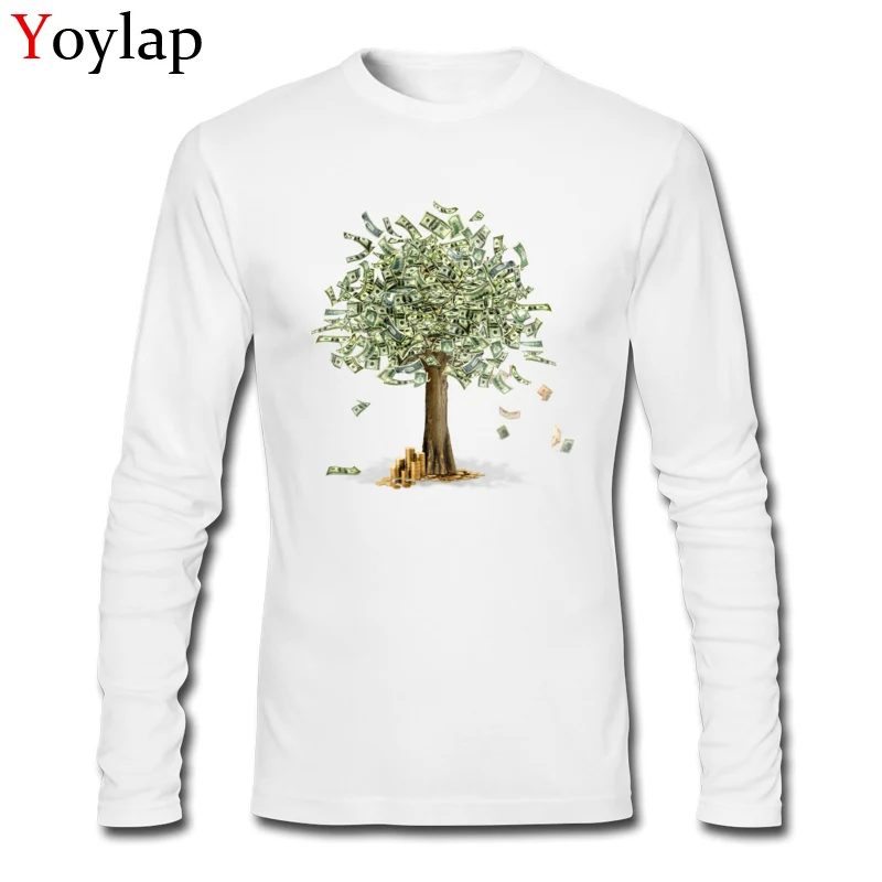 100% Cotton Men Long Sleeve Tops Tees Money grows on trees Design Summer/Fall T Shirts Print Classic Crewneck Tee-Shirt Money grows on trees white