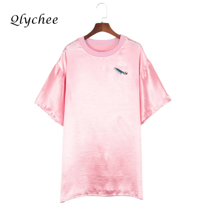 Qlychee одежда мода o-образным вырезом свободные длинные Для женщин футболка Вышивка