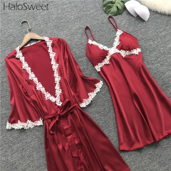 

HaloSweet Sleepwear Women Dresses Slik Robe Lingerie Nightdress Home Suit Home Clothes For Women Nightgown Lady Lace Pijama