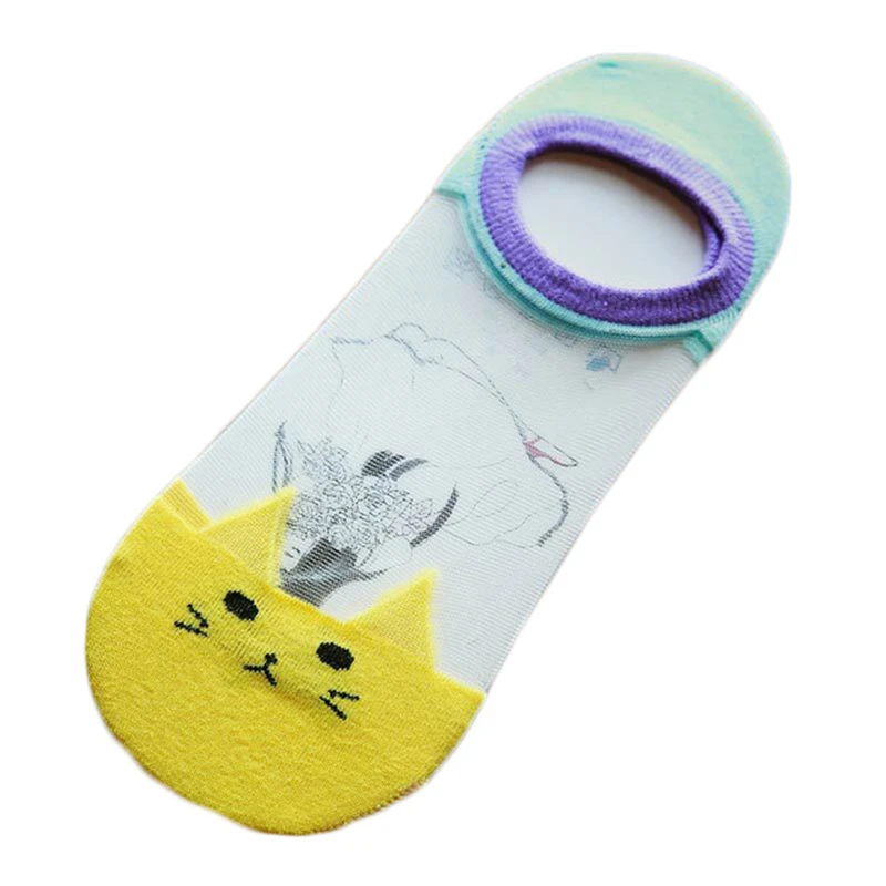 YRRETY Симпатичные Harajuku принтом кота носки Для женщин летний корейский животного Забавные милые укороченные Носки Happy Карамельный цвет кружева носки