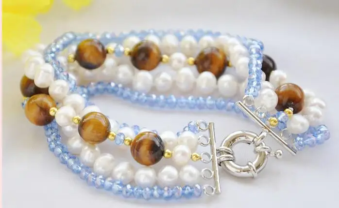 

1738 5strands white fw pearl tiger's-eye blue faceted crystal bracelet