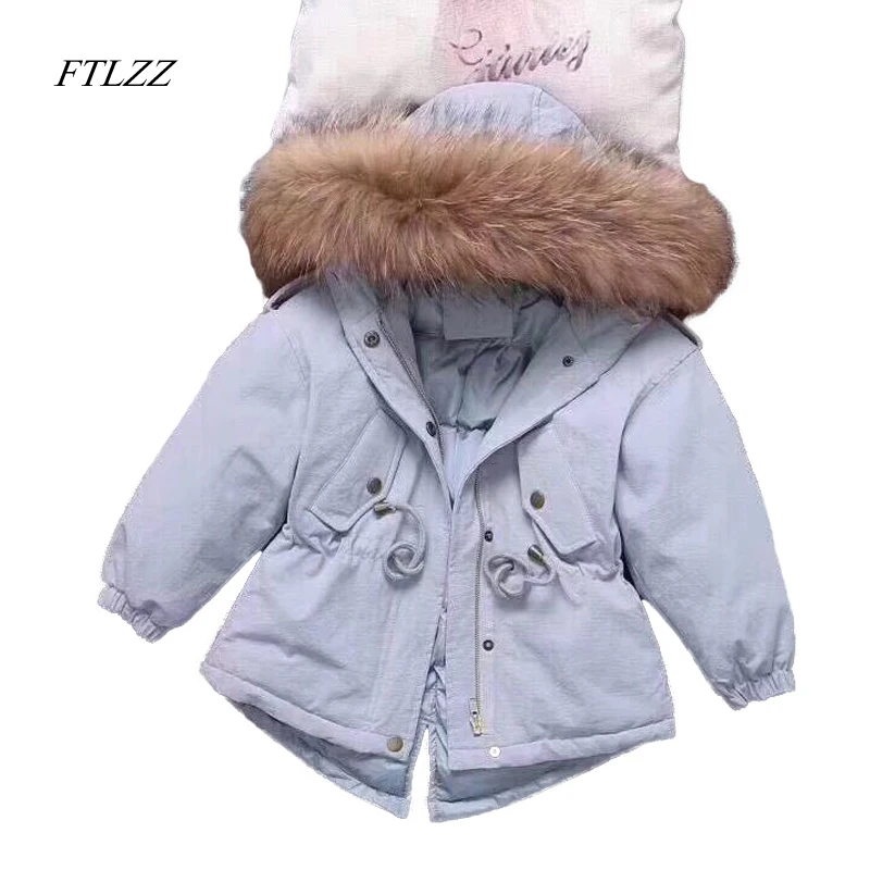 

Girls Down Jacket Coat Winter Fashion Large Raccoon Fur Hooded Collar Long Sleeve Children Outerwear Parkas Coats Snow Jackets