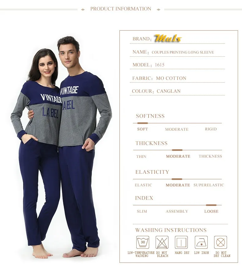 Pyjama femme cotton Fashion Patchwork Women Sleep top Spring Couples Matching Pajamas homewear Print Letter Gray Blue 1615W