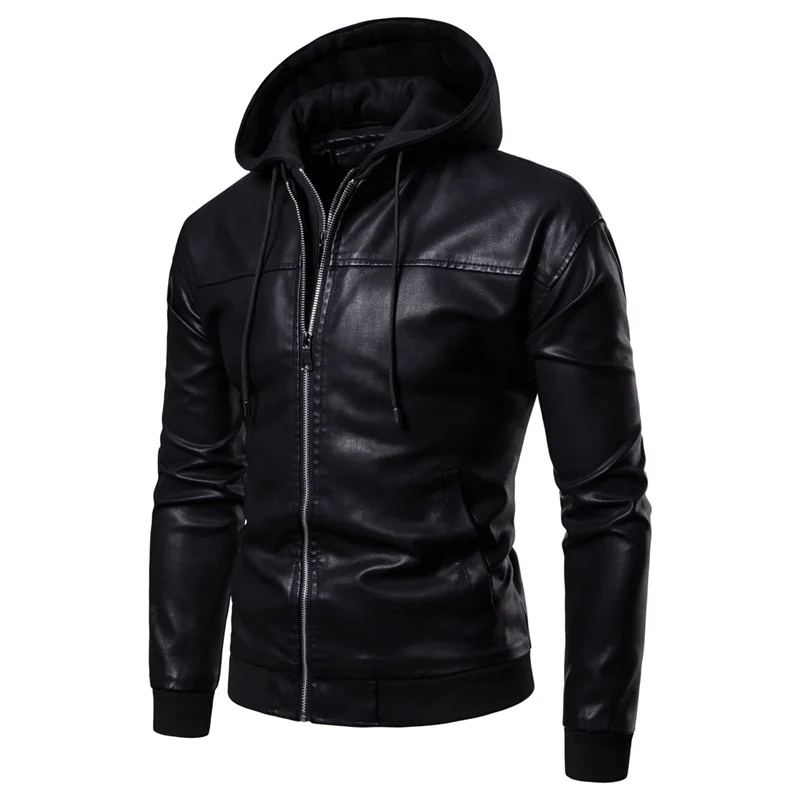 

Men Leather Jackets Coats New Arrival PU Hooded Leather Jacket for Men Disassembled Fake Two Zipper Leather Jackets Men