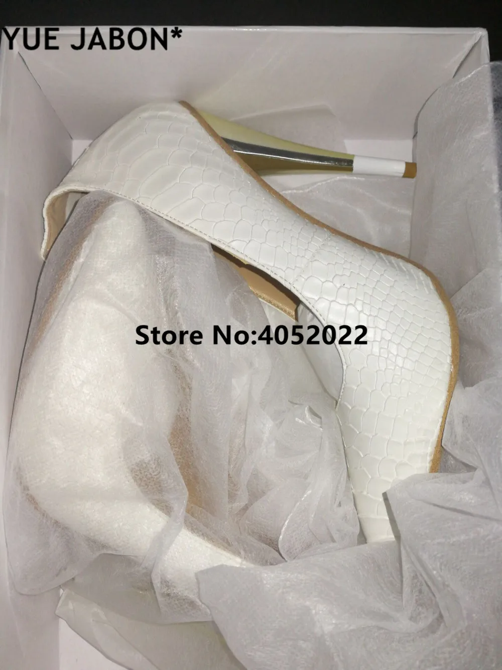 YUE JABON White Embossed Leather Femme Pointed Toe Pumps Gold Zipper Women High Heels Shoes Wedding Shoes Dress Shoes